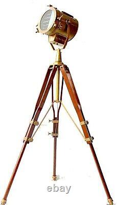 Marine Vintage Brass Nautical Searchlight Floor Spotlight Lamp Wooden Tripod