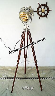 Marine Vintage Searchlight Spot light Retro Floor Lamp With Wooden Tripod Stand