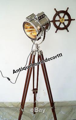 Marine Vintage Searchlight Spot light Retro Floor Lamp With Wooden Tripod Stand