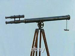 Marine nautical navy brass double barrel telescope 39 with wooden tripod stand