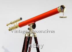 Marine-navy-brass-telescope-double-barrel-with-wooden-tripod-vintage-home-decor