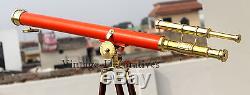 Marine-navy-brass-telescope-double-barrel-with-wooden-tripod-vintage-home-decor