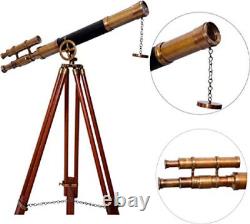 Maritime Brass Antique Double Barrel Designer Telescope with Wooden Tripod Floor