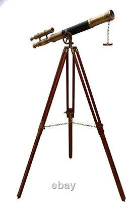 Maritime Brass Antique Double Barrel Designer Telescope with Wooden Tripod Floor
