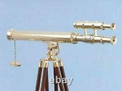 Maritime Solid Brass Telescope Double Barrel Vintage Handmade With Wooden Tripod