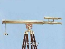 Maritime Solid Brass Telescope Double Barrel Vintage Handmade With Wooden Tripod