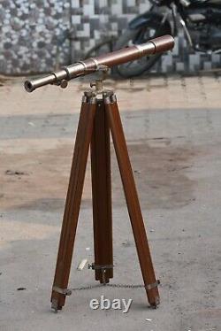 Maritime Solid Brass Telescope Signal Barrel Vintage Handmade With Wooden Tripod