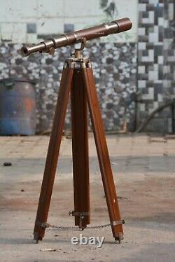 Maritime Solid Brass Telescope Signal Barrel Vintage Handmade With Wooden Tripod