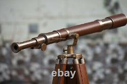 Maritime Solid Brass Telescope Signal Barrel Vintage Handmade With Wooden Tripod