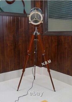 Maritime Vintage Spotlight With Wooden Tripod Stand Brass Finish Collectible