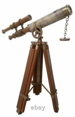 Maritime decor antique vintage nautical brass telescope with wooden tripod gift