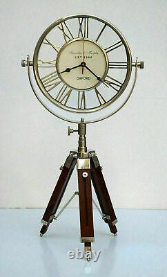 Maritime vintage brass table desk clock with wooden tripod stand decor