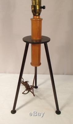 Mid Century Modern Cast Iron and Wood Tripod Table Lamp with Finial Vintage Atomic