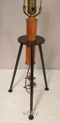 Mid Century Modern Cast Iron and Wood Tripod Table Lamp with Finial Vintage Atomic