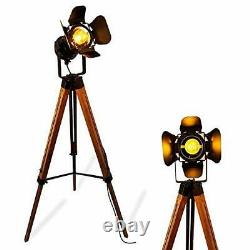 Modern Industrial Vintage Tripod Floor Lamp Wooden Nautical Cinema Searchli