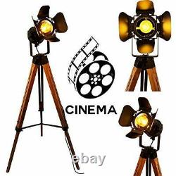 Modern Industrial Vintage Tripod Floor Lamp Wooden Nautical Cinema Searchli