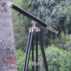 NAUTICAL BRASS TELESCOPE WITH WOODEN TRIPOD STAND VINTAGE MARITIME DECOR Chrome