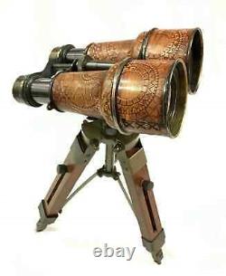 Nautical 6 Binocular Antique Table Top Brass Telescope with Wooden Tripod Stand