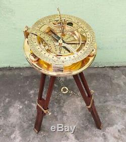 Nautical Antique Brass 8'' Inch Sundial Compass With Vintage Wooden Tripod
