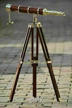Nautical Antique Brass Marine Telescope with Brown Wooden Tripod Stand Décor