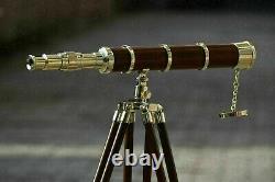 Nautical Antique Brass Marine Telescope with Brown Wooden Tripod Stand Décor