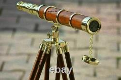 Nautical Antique Brass Marine Telescope with Wooden Tripod Stand Home/Office