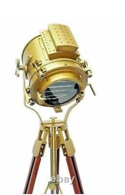 Nautical Antique Finish Brass Floor Spotlight Searchlight Vintage Wooden Tripod