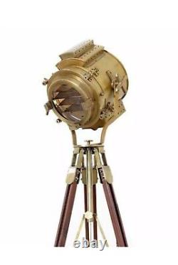 Nautical Antique Finish Brass Floor Spotlight Searchlight Vintage Wooden Tripod