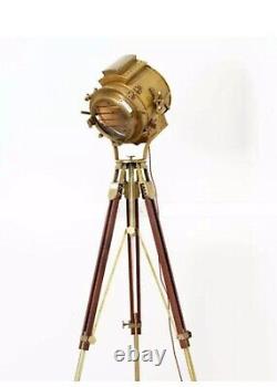 Nautical Antique Finish Brass Floor Spotlight Searchlight Vintage Wooden Tripod