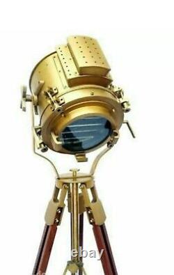 Nautical Antique Finish Brass Floor Spotlight Searchlight Vintage Wooden Tripod