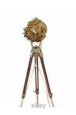 Nautical Antique Finish Brass Floor Spotlight Searchlight Vintage Wooden Tripod