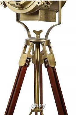 Nautical Antique Finish Brass Floor Spotlight Searchlight Vintage Wooden Tripod