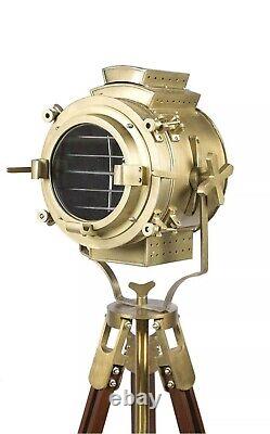 Nautical Antique Finish Brass Floor Spotlight Searchlight Vintage Wooden Tripod