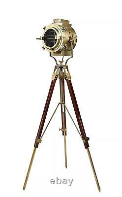 Nautical Antique Finish Brass Floor Spotlight Searchlight Vintage Wooden Tripod