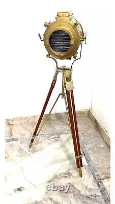 Nautical Antique Finish Brass Floor Spotlight Searchlight Vintage Wooden Tripod