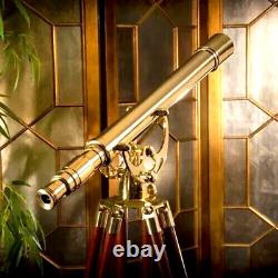 Nautical Antique Floor Standing Brass 39 Inch Telescope With Wooden Tripod Stand