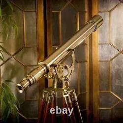 Nautical Antique Floor Standing Brass 39 Inch Telescope With Wooden Tripod Stand