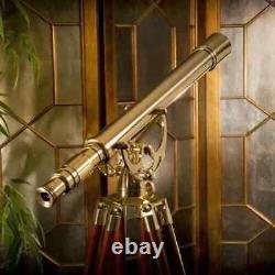 Nautical Antique Floor Standing Brass 39 Inch Telescope With Wooden Tripod Stand