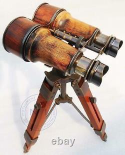 Nautical Antique Marin Vintage Binocular With Tripod Wooden Stand Desk Decor