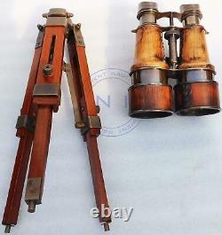 Nautical Antique Marin Vintage Binocular With Tripod Wooden Stand Desk Decor