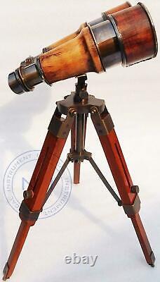 Nautical Antique Marin Vintage Binocular With Tripod Wooden Stand Desk Decor