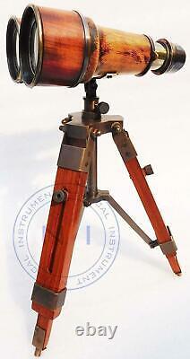 Nautical Antique Marin Vintage Binocular With Tripod Wooden Stand Desk Decor