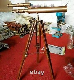 Nautical Antique Solid Brass Telescope With Wooden Tripod Stand Marine Gift