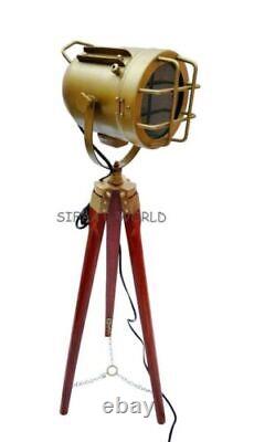 Nautical Antique Vintage Style Floor Lamp Spotlight with Wooden Tripod Stand