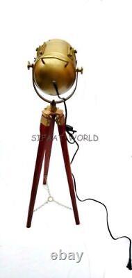 Nautical Antique Vintage Style Floor Lamp Spotlight with Wooden Tripod Stand