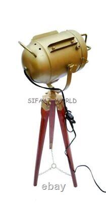 Nautical Antique Vintage Style Floor Lamp Spotlight with Wooden Tripod Stand