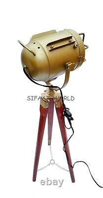 Nautical Antique Vintage Style Floor Lamp Spotlight with Wooden Tripod Stand