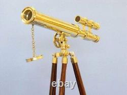 Nautical Brass 27 Telescope Double Barrel With Floor Standing Wooden Tripod Stand