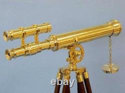 Nautical Brass 27 Telescope Double Barrel With Floor Standing Wooden Tripod Stand