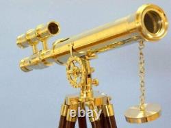 Nautical Brass 27 Telescope Double Barrel With Floor Standing Wooden Tripod Stand